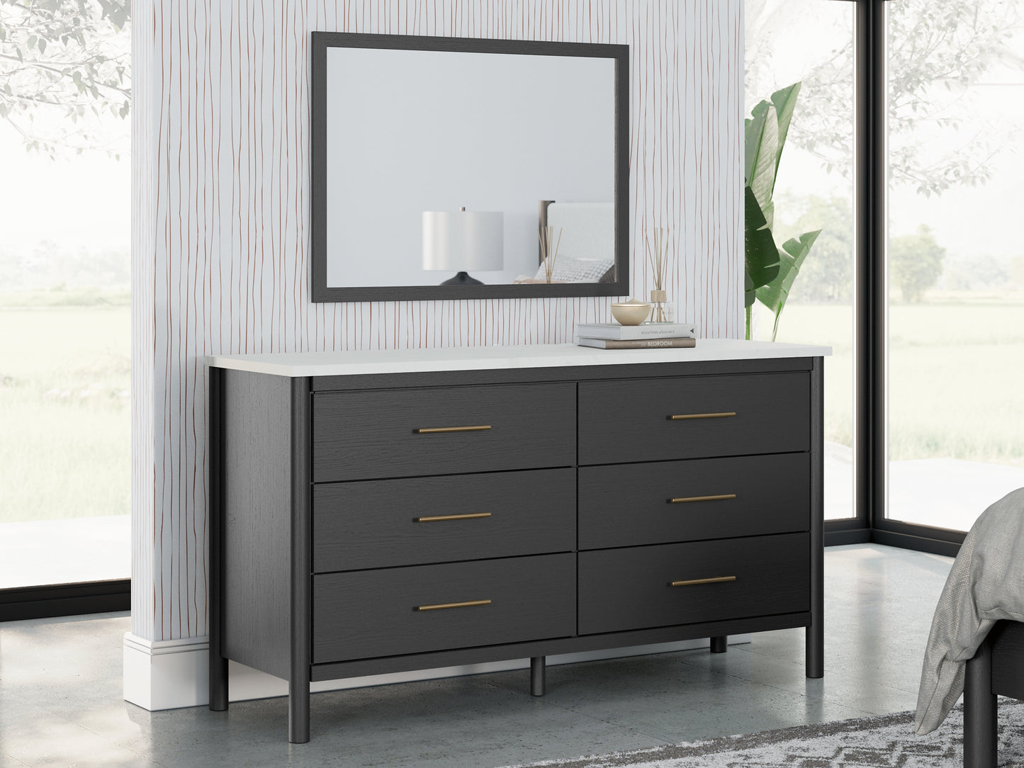 Cadmori Full Upholstered Panel Bed with Mirrored Dresser, Chest and Nightstand