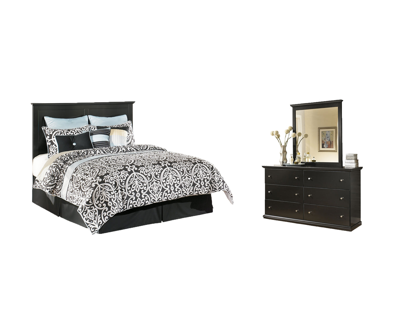 Maribel Queen/Full Panel Headboard with Mirrored Dresser and Chest